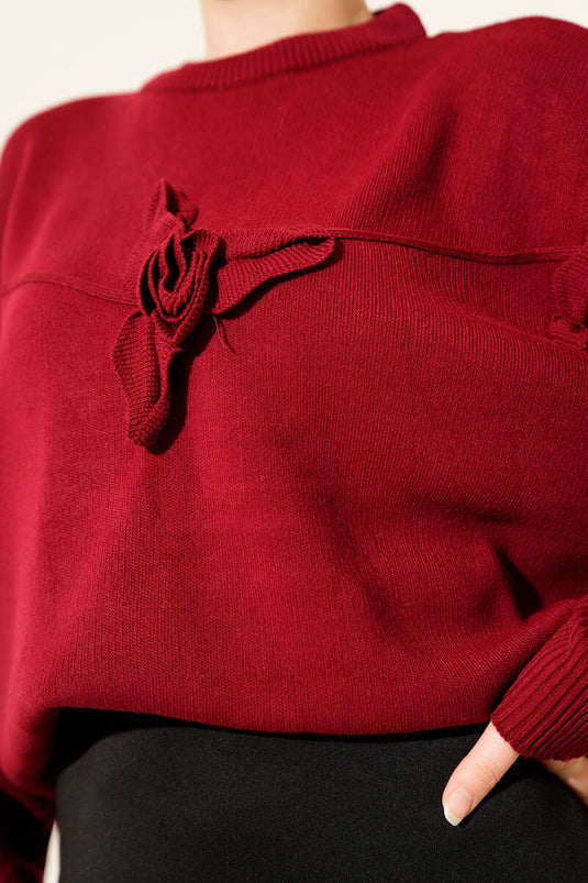 Pull en maille brodé de fleurs, bordeaux