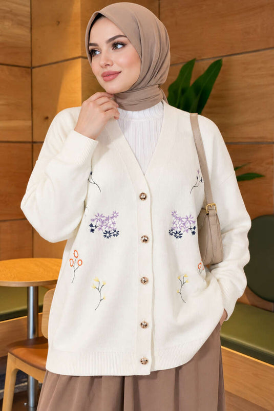 Gilet En Maille Beige À Broderies Florales Et Col En V