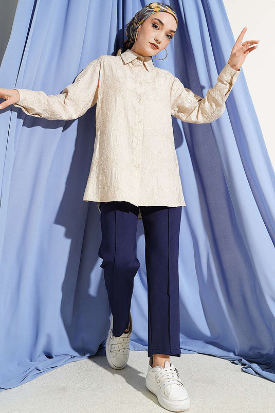 Basic Shirt with Floral Embossing Beige