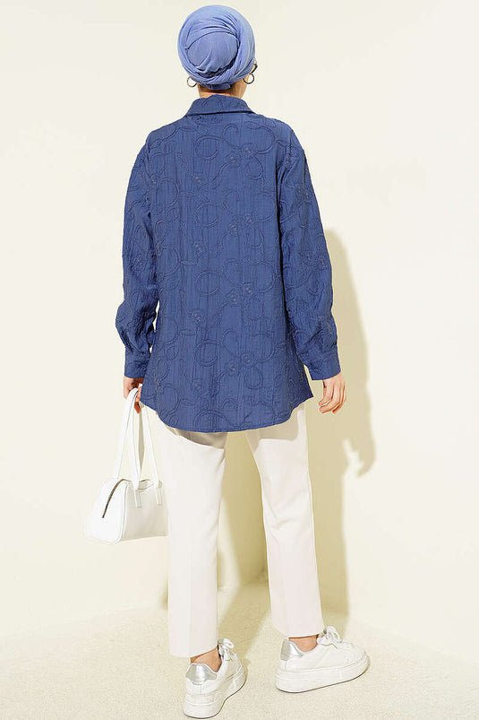 Floral Embossed Basic Shirt Indigo