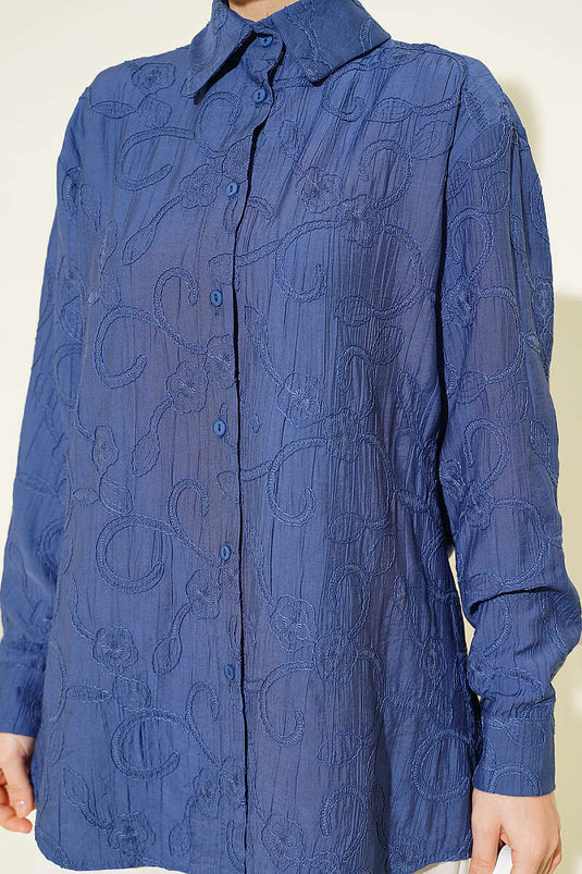 Floral Embossed Basic Shirt Indigo