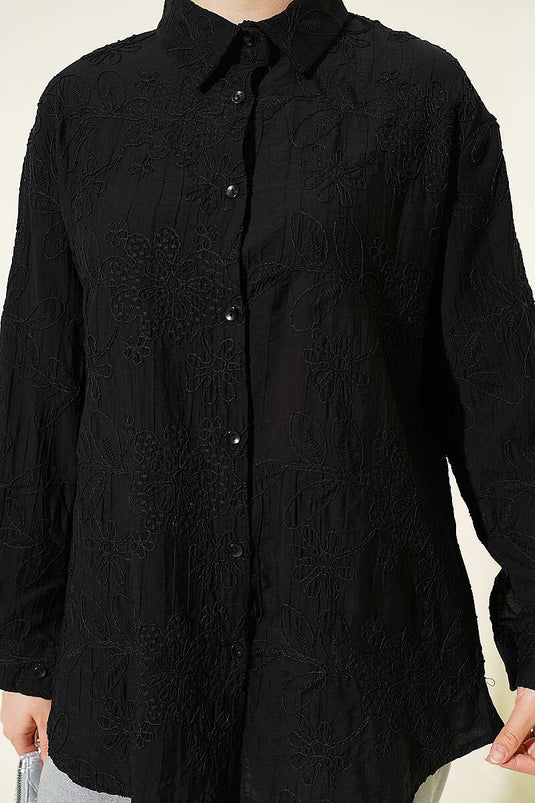 Chemise basique noire à relief floral