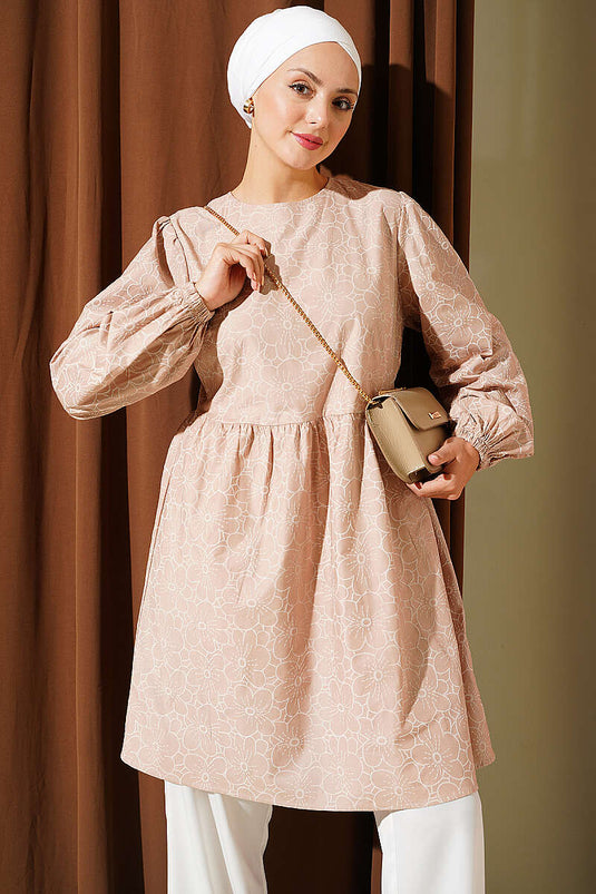 Beige Blumenbestickte Tunika
