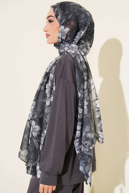 Çiçek Motif Detaylı Şal Antrasit
