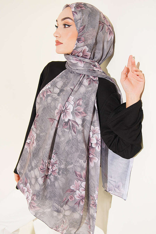Çiçek Motif Detaylı Şal Füme