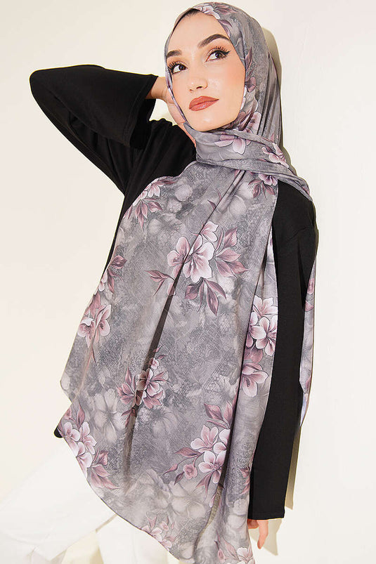 Çiçek Motif Detaylı Şal Füme