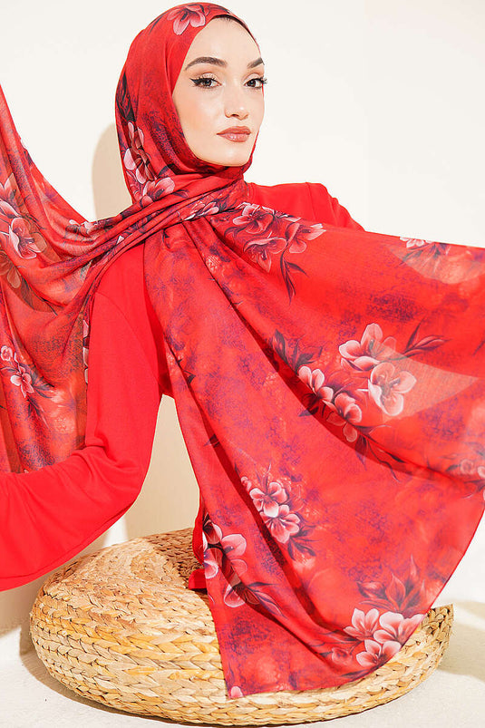Çiçek Motif Detaylı Şal Kırmızı
