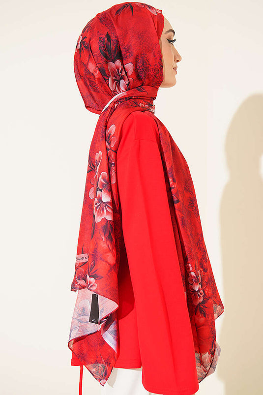 Çiçek Motif Detaylı Şal Kırmızı