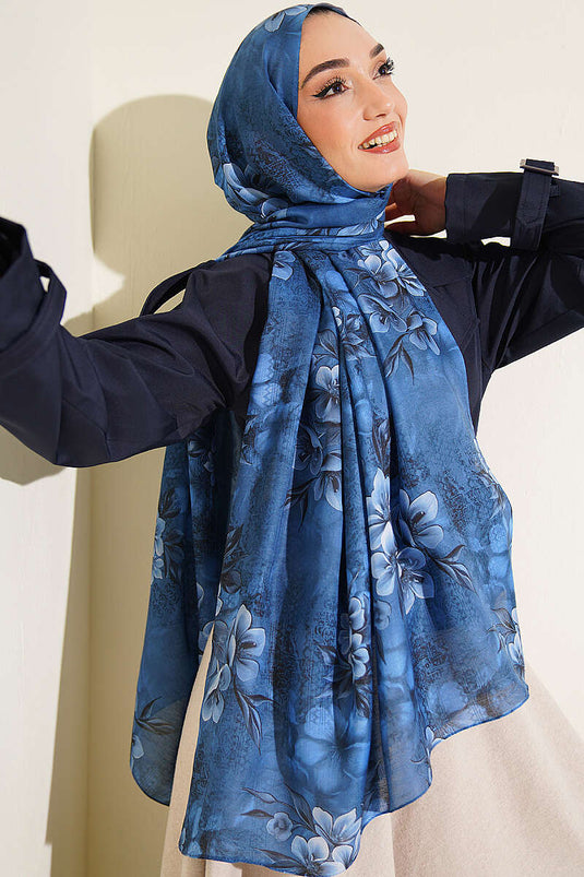 Çiçek Motif Detaylı Şal Lacivert
