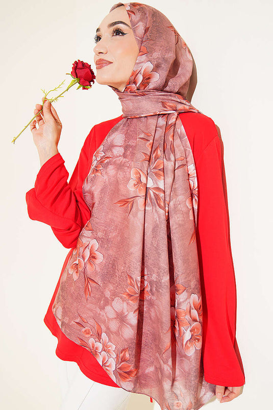 Çiçek Motif Detaylı Şal Soft Kahve