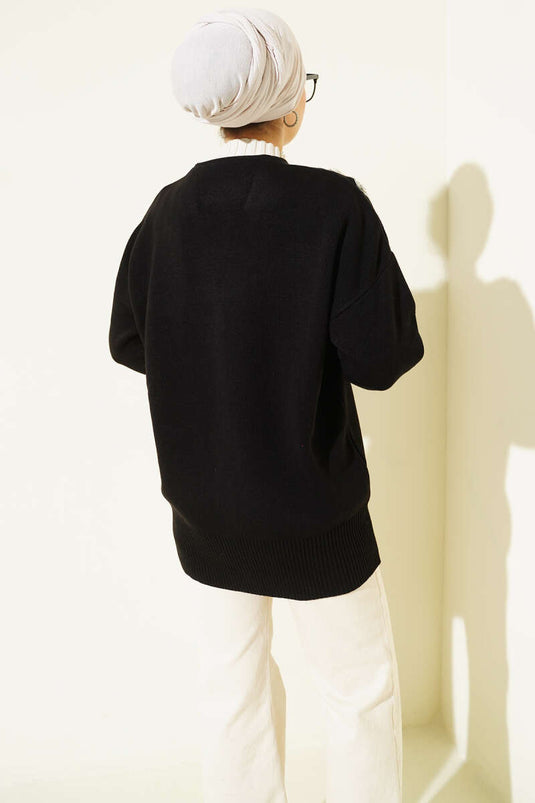 Floral Pattern Buttoned Knit Cardigan Black