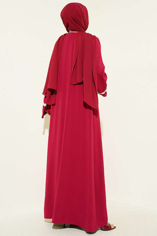Çiçek Motifli Kuşaklı Abaya Bordo