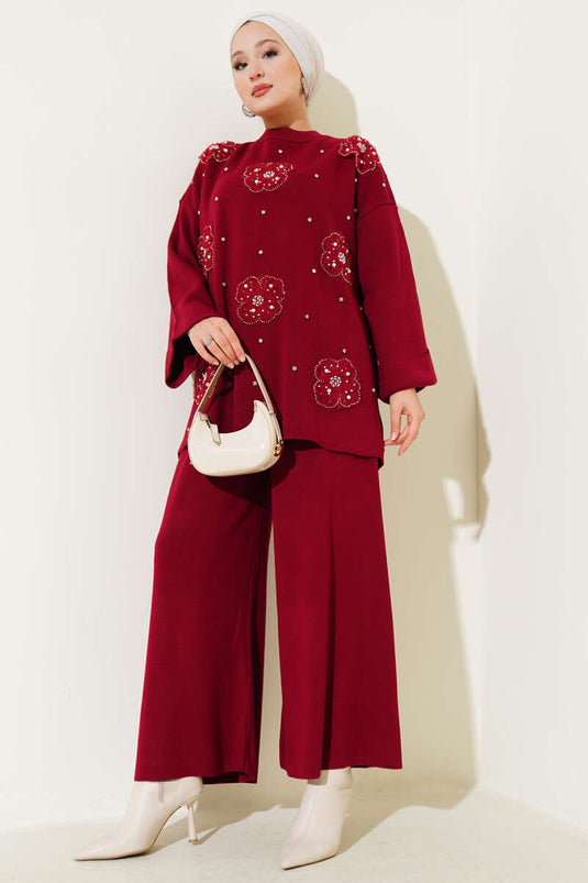 Conjunto de dos piezas de punto con estampado floral color burdeos