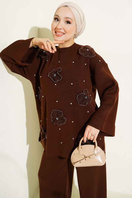 Conjunto de dos piezas de punto con estampado floral marrón