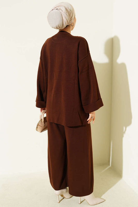 Conjunto de dos piezas de punto con estampado floral marrón