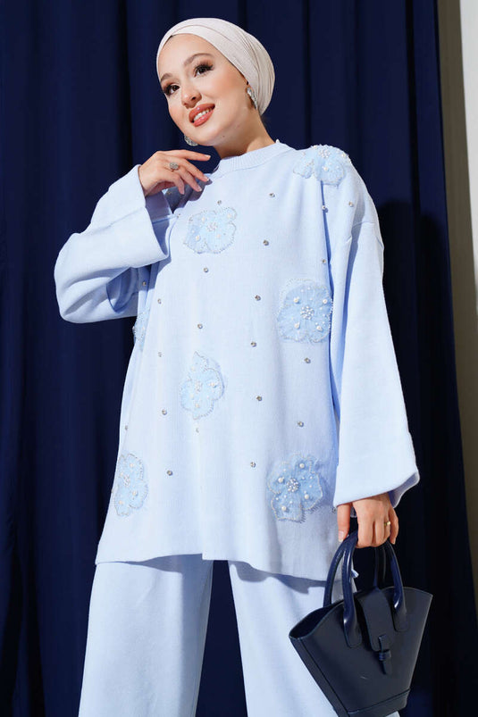 Conjunto de dos piezas de punto con estampado floral azul