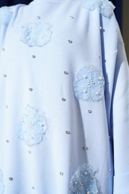 طقم تريكو من قطعتين بنقشة زهور باللون الأزرق