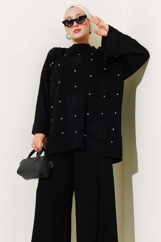 Conjunto de dos piezas de punto con estampado floral negro