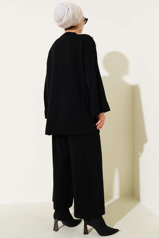 Conjunto de dos piezas de punto con estampado floral negro