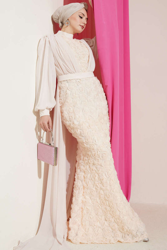 Evening Dress with Floral Motif and Tulle Cape Cream