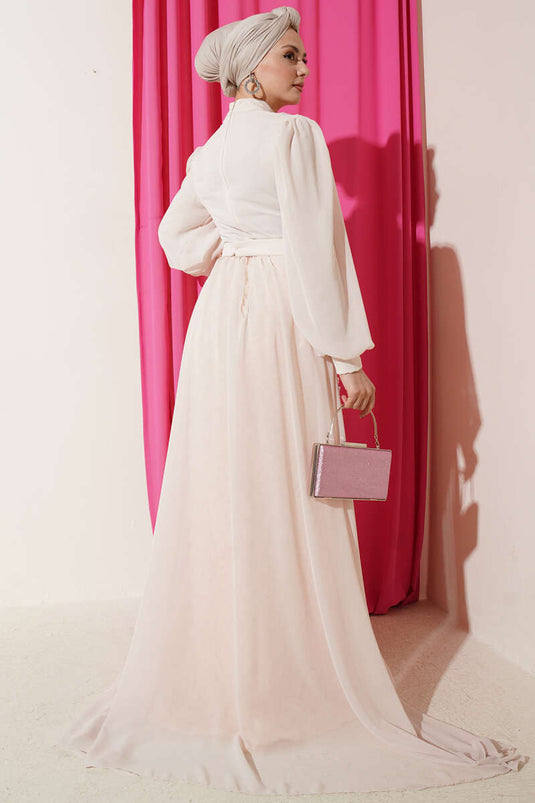Evening Dress with Floral Motif and Tulle Cape Cream