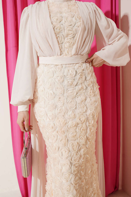 Evening Dress with Floral Motif and Tulle Cape Cream