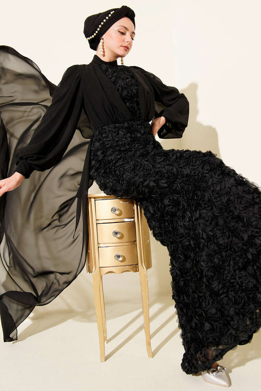 Floral Patterned Tulle Cape Evening Dress, Black
