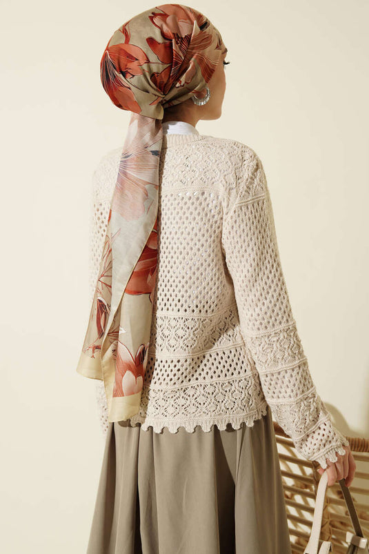 Floral Embroidered Openwork Short Knit Cardigan Beige