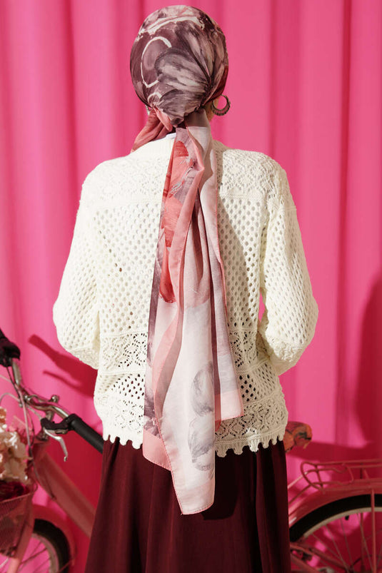 Floral Embroidered Openwork Short Knit Cardigan Ecru