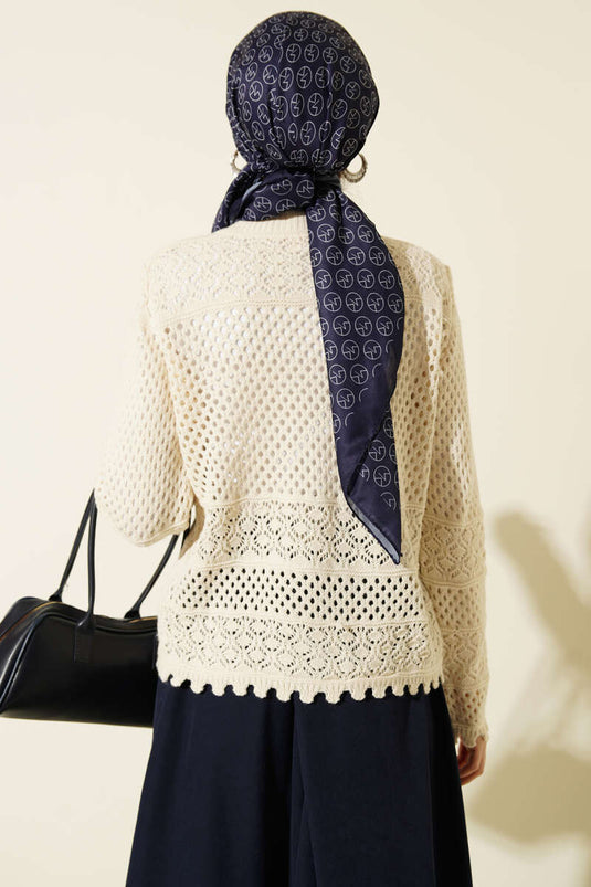Floral Embroidered Openwork Short Knit Cardigan Stone
