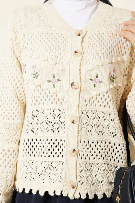 Cardigan court en tricot ajouré avec broderie florale, couleur pierre