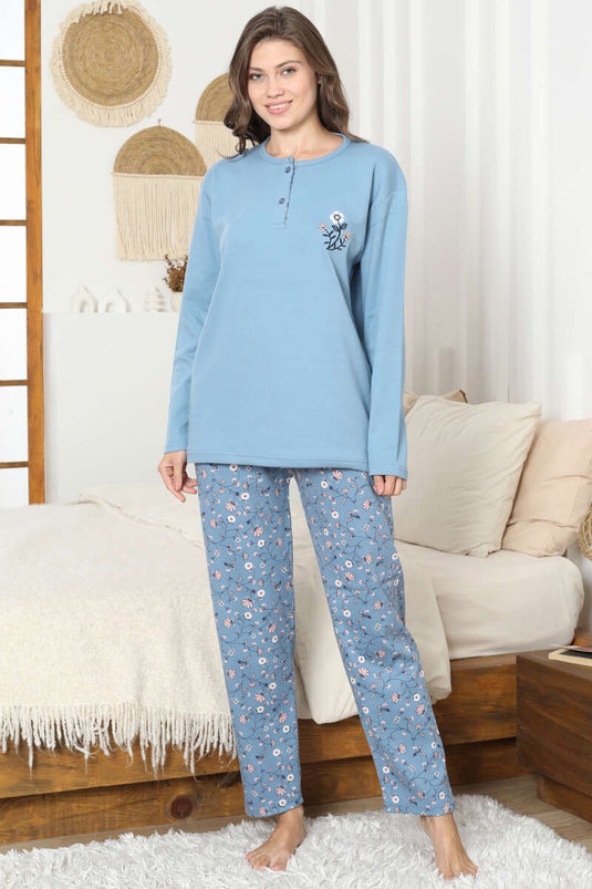 Floral Embroidery Detail Interlock Pajama Set Blue