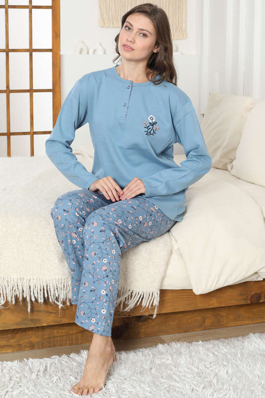 Floral Embroidery Detail Interlock Pajama Set Blue