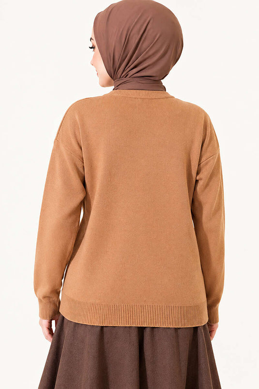 Çiçek Nakış Detaylı Triko Hırka Latte