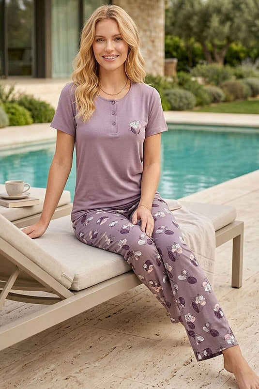 Çiçek Nakış Düğmeli Kısa Kol Pijama Takım Leylak