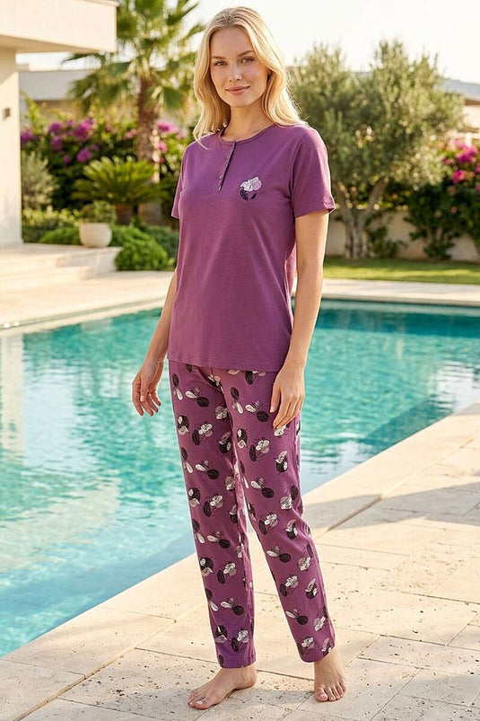 Çiçek Nakış Düğmeli Kısa Kol Pijama Takım Magenta