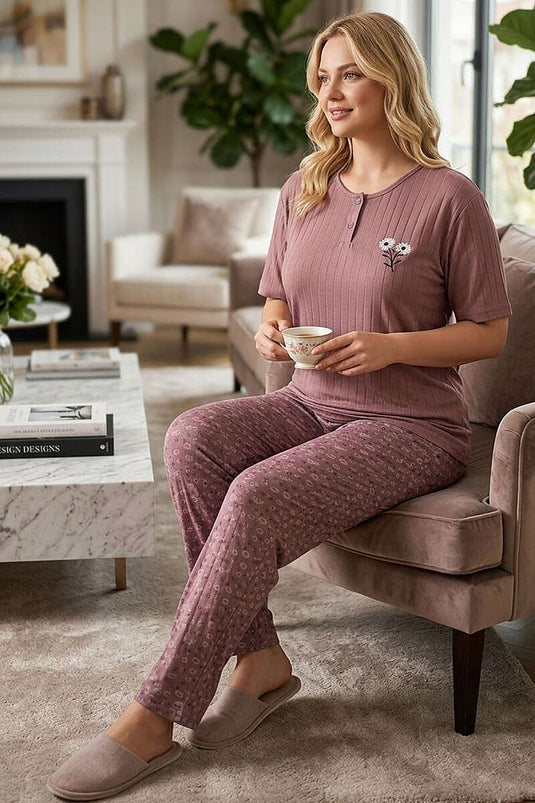 Ensemble pyjama grande taille à manches courtes avec broderie florale couleur vieux rose