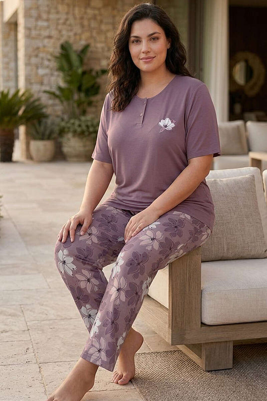 Çiçek Nakış Kısa Kol Büyük Beden Pijama Takımı Leylak
