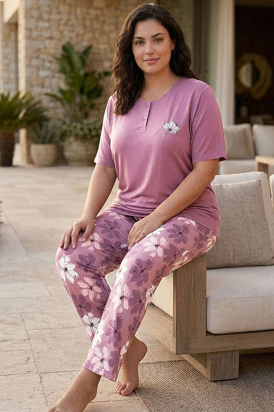 Çiçek Nakış Kısa Kol Büyük Beden Pijama Takımı Pudra