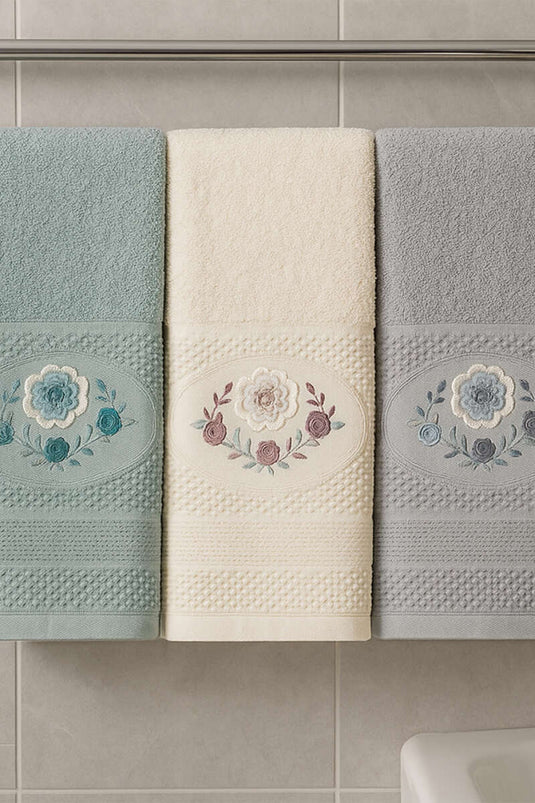 Çiçek Nakışlı 3'lü Yüz Havlu Set Asorti 1