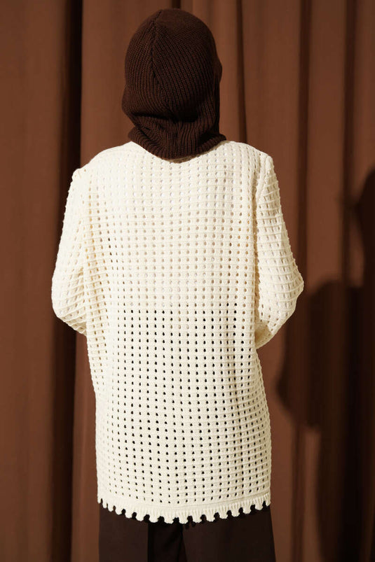 Beige Floral Embroidered Openwork Knit Cardigan