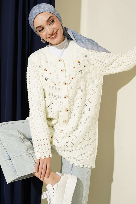 Floral Embroidered Openwork Knit Cardigan Ecru