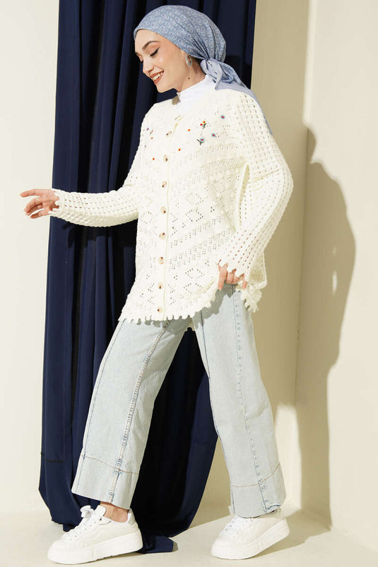 Floral Embroidered Openwork Knit Cardigan Ecru