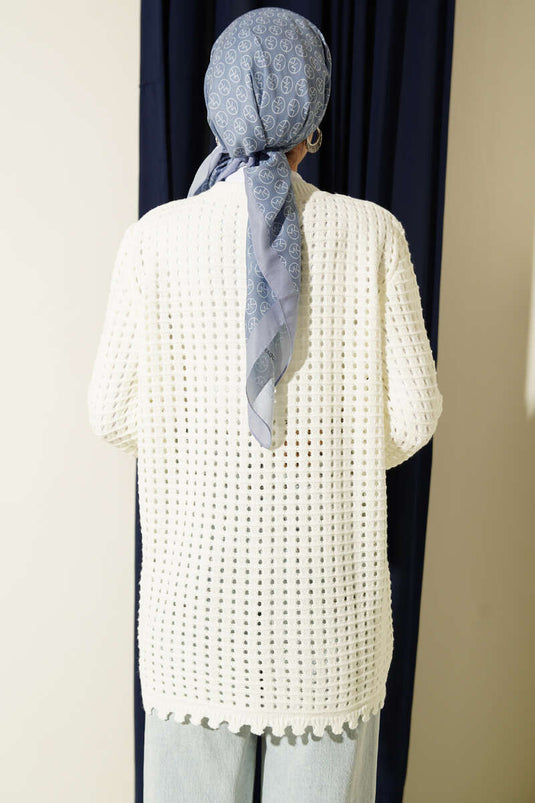 Floral Embroidered Openwork Knit Cardigan Ecru