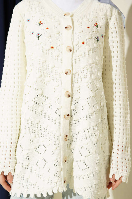 Floral Embroidered Openwork Knit Cardigan Ecru