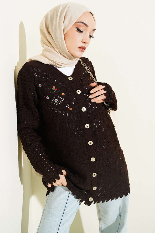 Cardigan en tricot ajouré avec broderie florale, couleur café