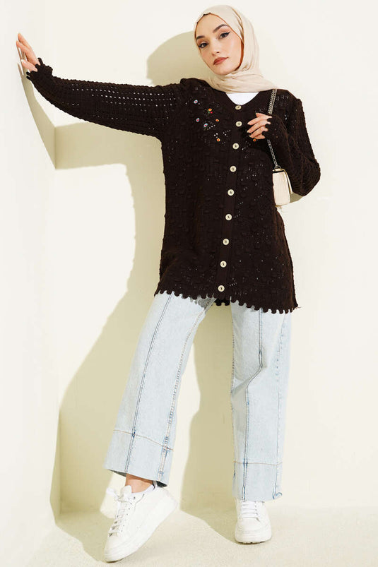 Cardigan en tricot ajouré avec broderie florale, couleur café
