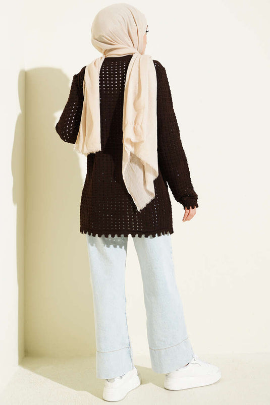Cardigan en tricot ajouré avec broderie florale, couleur café