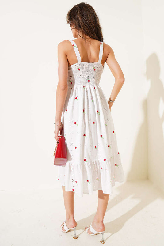 Rotes, trägerloses Midikleid mit Blumenstickerei