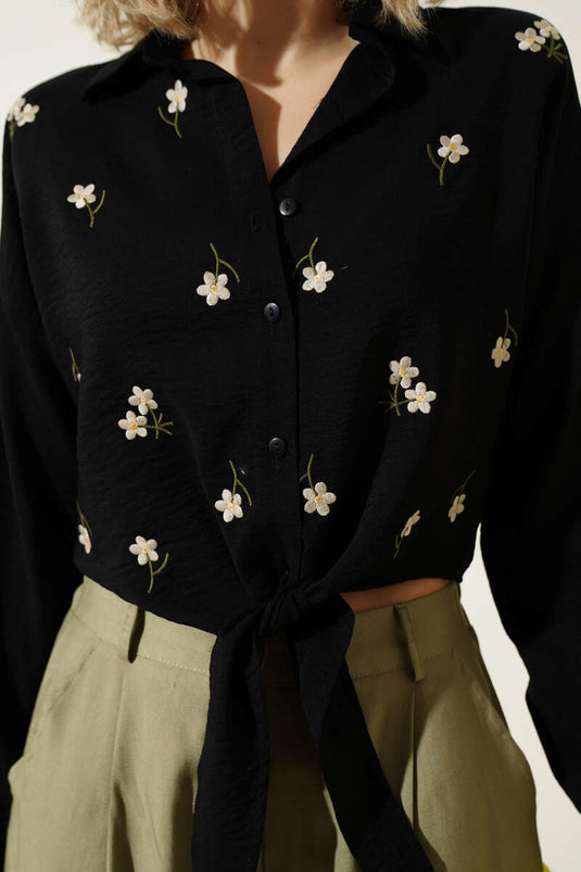 Black Crop Shirt with Floral Embroidery and Tie Detail